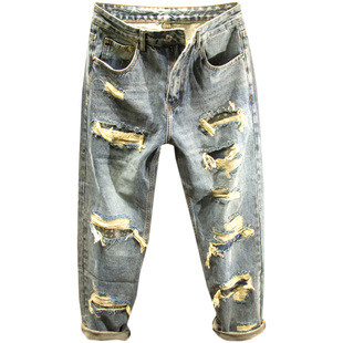 三古木棉高街大码乞丐破洞牛仔裤男宽松复古补丁直筒裤子男春秋