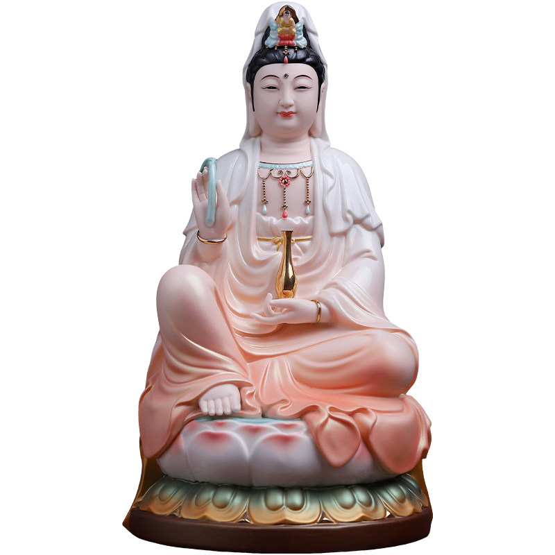 戴玉堂陶瓷《坐莲观音 橙衣彩》佛像家用供奉摆件客厅观世音菩萨