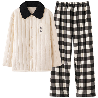 2025新款可外穿珊瑚绒三层夹棉袄睡衣男款加厚冬季韩版格子家居服