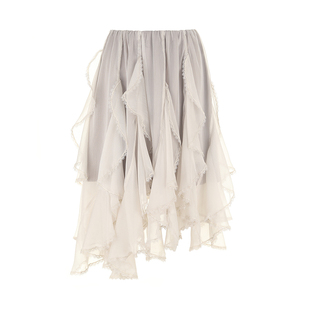 wana try不规则荷叶边蕾丝纱裙2025夏季新品不易皱中长裙百搭半裙