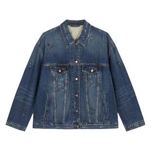 JNBY/江南布衣春秋牛仔夹克翻领长袖仿锡绣钉珠宽松外套5O9614080
