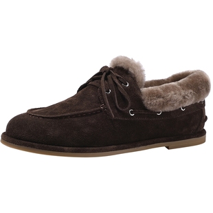 BellaLily2025秋冬新款复古羊毛加绒袋鼠单鞋女牛皮乐福鞋小皮鞋