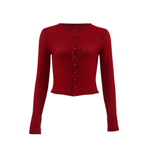 ooh itch痒痒 红色镂空针织开衫女法式复古修身显瘦圆领长袖上衣