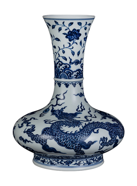 钟家窑青花瓷家居摆件 景德镇柴窑青花重工手工手绘云龙纹长颈瓶