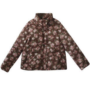 现货【雾野山亭】复古立领加厚羽绒服女冬灯芯绒印花宽松短款外套