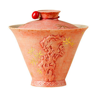 高颜值樱粉火石红斗笠碗茶杯陶瓷高档茶碗带盖家用中式功夫泡茶碗