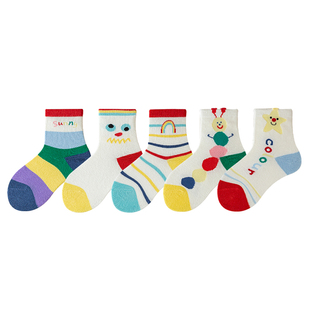 儿童袜子春秋纯棉多巴胺韩版中筒袜男童女童宝宝秋冬彩虹色条纹袜