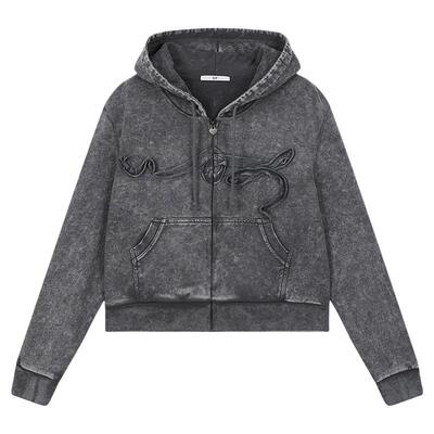 SLY2026早春新品复古甜酷风做旧短款连帽卫衣外套女038JSZ80-1001