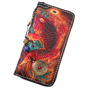 爱皮艺纯手工雕刻包雪狮扣钱包头层牛皮男士长款拉链包真皮