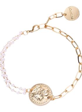 小众ins双层珍珠链条金币手链韩国东大门网红同款设计感学生手环