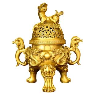 黄铜天狗炉摆件龙戏珠铜三足香炉大号家用室内香薰炉工艺品鼎炉