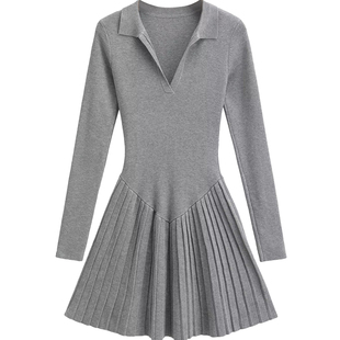 棉洋美式淑女学院派翻领修身针织连衣裙 复古长袖a字风琴百褶短裙