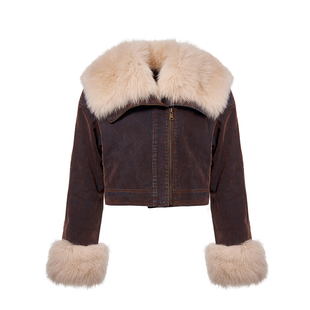 轻奢高级狐狸毛牛仔皮草外套2025新款派克鹅绒服女冬高腰短款大衣