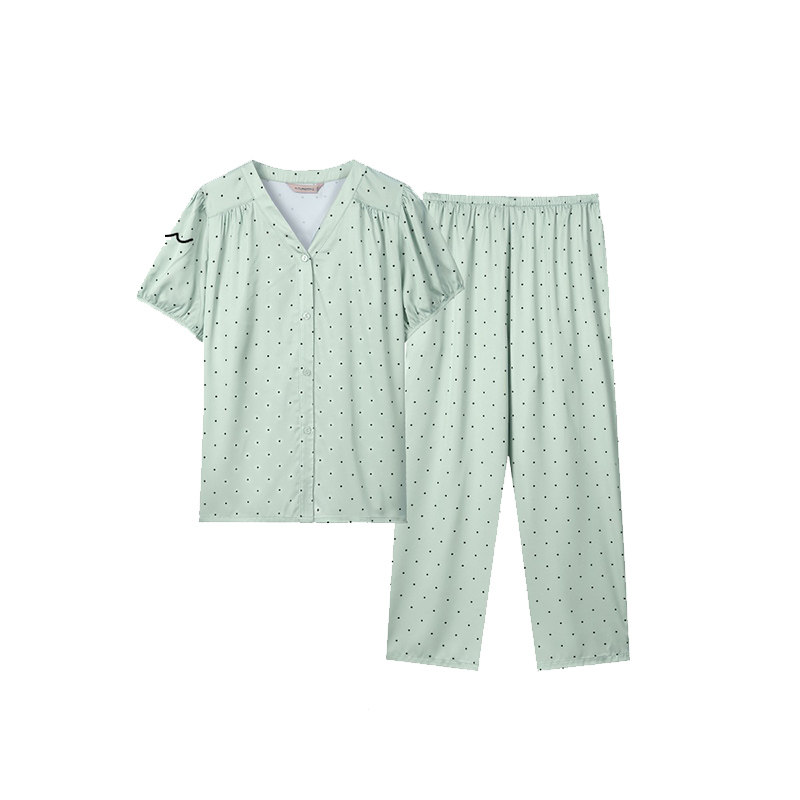 秋鹿V领显瘦丝绸睡衣女夏季薄款冰丝短袖九分裤家居服套装可外穿