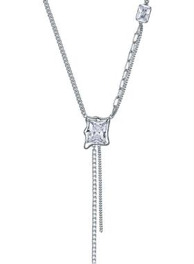 周六福S925银项链女方形白锆镶嵌百搭甜酷风送女友节日礼物