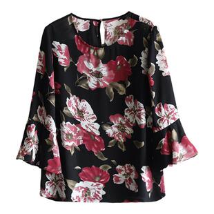 夏季绽放你的美!花朵七分荷叶袖印花上衣雪纺衫女式防晒花色小衫