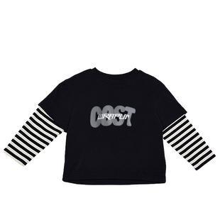 男童长袖纯棉T恤早秋季中大童装字母假两件拼接条纹薄款休闲上衣