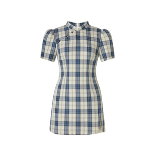 【只此青绿】Uena明星同款新中式蓝色格纹A字收腰泡泡袖连衣裙女