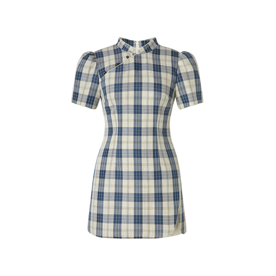 只此青绿Uena蓝色格纹立领连衣裙