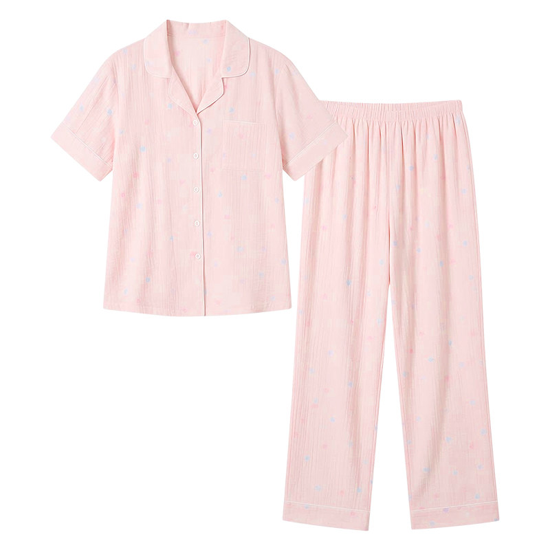 好波女士全棉短袖长裤家居服梭织全棉双层纱印花女睡衣HJ2603