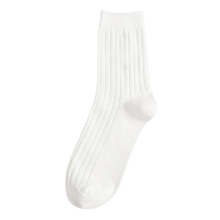 中筒袜子女款秋冬季黑白纯色纯棉日系螺纹长袜小皮鞋百搭堆堆袜