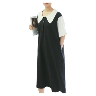 夏新品撞色娃娃领针织连衣裙大码学院风减龄针织裙