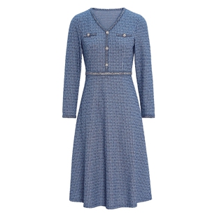 马天奴女装春秋新款浅灰色V领格纹肌理连衣裙子收腰长袖气质时尚