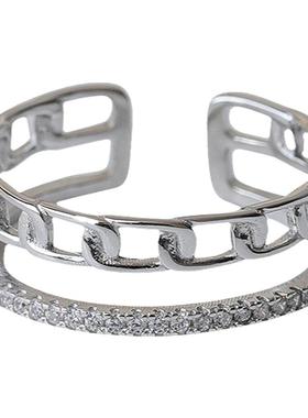 S925纯银镂空双层戒指女小众设计高级时尚个性开口食指冷淡风链条