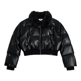CALLEDBACK 黑色毛领亮面短款皮羽绒服女冬季高级感鹅绒夹克外套