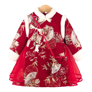 儿童拜年服汉服冬装女童加厚唐装连身裙中国风连衣裙女宝过年旗袍
