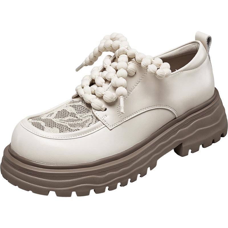 意尔康蕾丝网面小皮鞋女2025春秋款深口系带单鞋厚底增高jk乐福鞋