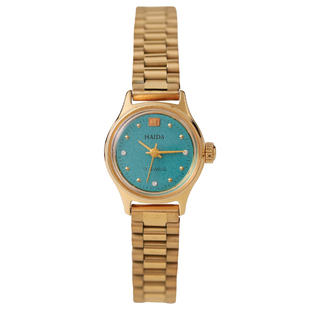 国货HAIDA海达小巧蓝绿色表盘手动机械表圆形经典复古怀旧女表