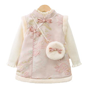 女童旗袍连衣裙冬装拜年时髦洋气汉服儿童宝宝公主过新年周岁礼服