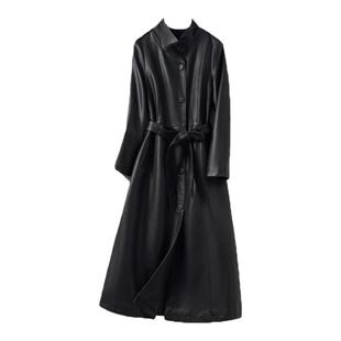 真皮衣女中长款立领系带收腰黑色显瘦秋冬新款海宁高端绵羊皮外套