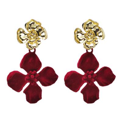 安可拉红金色花朵丝绒新年耳钉女