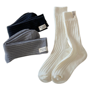 左心房 | 秋冬款堆堆中筒袜女加厚棉质灰色袜子黑色竖条纹粗线袜