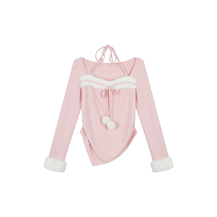 安妮不火 毛绒拼接系带毛球磨毛针织衫女微胖大码纯欲可爱小上衣