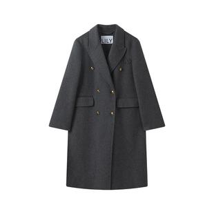 LILY2025冬新款女装羊毛混纺轻奢长款灰色大衣气质通勤毛呢外套