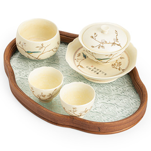 苏打烧萱草莺飞花边盖碗功夫茶具茶盘茶杯单个三才大号带盖泡茶碗