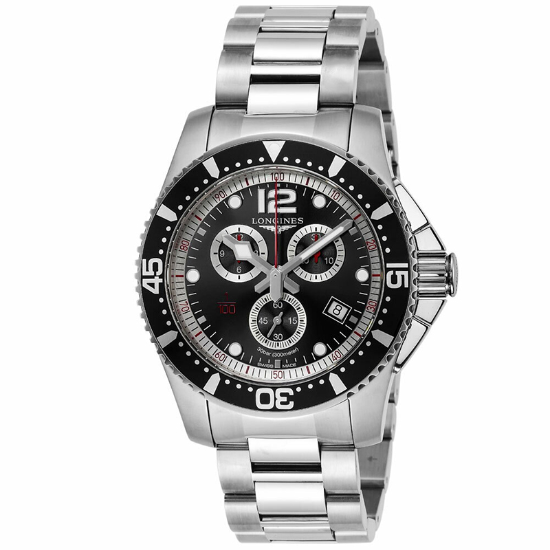 浪琴康卡斯系列钢带黑盘多功能潜水表钢带石英男表L3.843.4.56.6