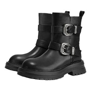 MIO米奥女鞋冬季加绒西部靴马丁靴金属皮带扣短靴厚底皮靴子女靴