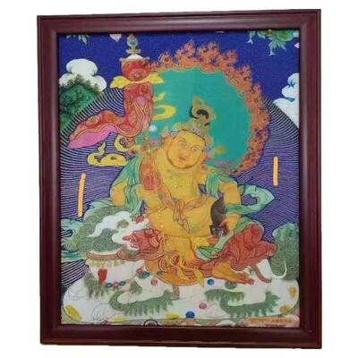 大昭寺纯手工琥珀宝玉石黄财神唐卡.画像精雕细琢精美扎西德勒