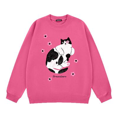 i.t GROUNDZERO国朝2025秋款桃红色小肥猫棉印花卫衣长袖上衣