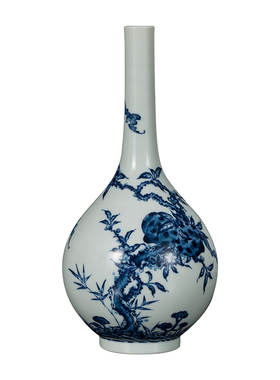 钟家窑陶瓷花瓶 景德镇手绘青花手绘福寿五桃胆瓶工夫茶配件摆件