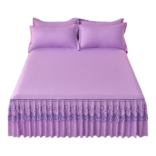 水洗棉大红色中式床裙单件婚庆结婚蕾丝边床罩三件套磨毛防滑床套