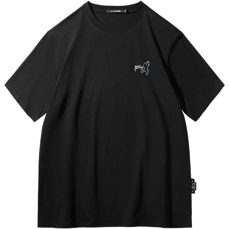 海澜之家旗下黑鲸HLAJEANS潮牌黑小鲸印花短袖T恤男微阔圆领短t