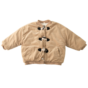 儿童灯芯绒棉衣男童加绒加厚牛角扣女童棉服2025新款冬季宝宝外套