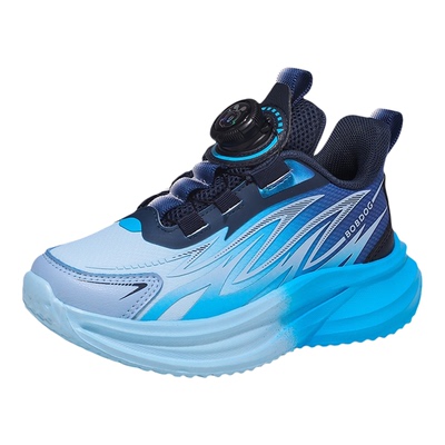 巴布豆旋转扣男童鞋冬季皮面防水2025蓝色儿童运动鞋超轻加绒棉鞋