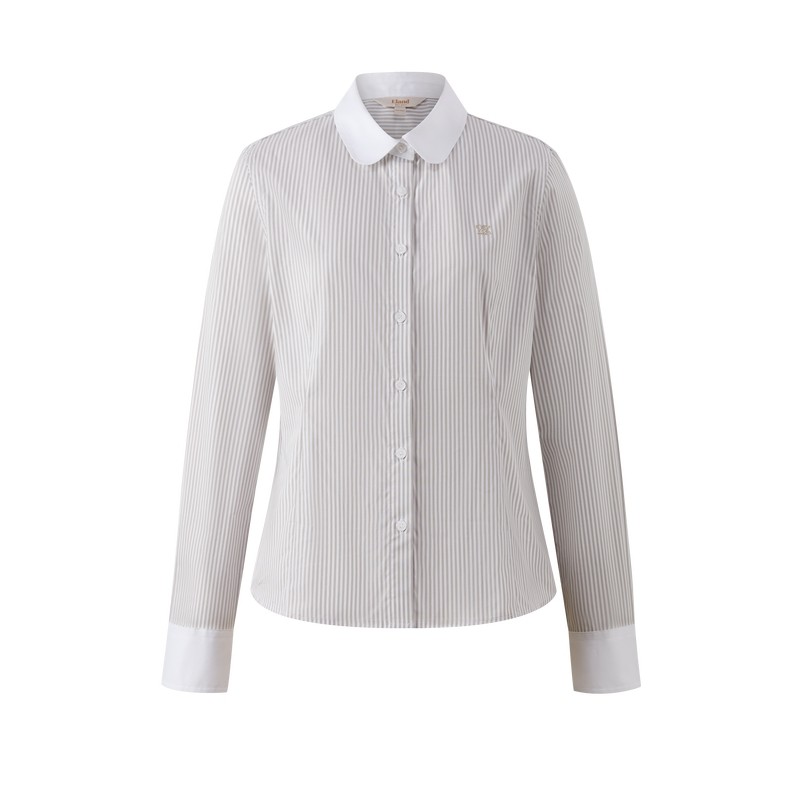 Eland衣恋衬衫女棉质撞色翻领单排扣长袖上衣2025冬季新款