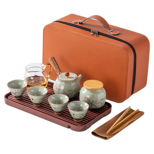 画续冰裂釉手绘芙蓉侧把壶旅行功夫茶具套装茶盘户外便携式收纳包